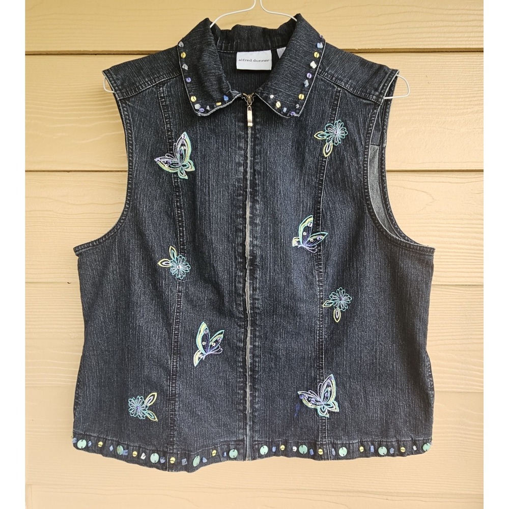 Alfred Dunner Denim Sleeveless Zip Up Jacket Vest Size 16 Embroidery Butterflies